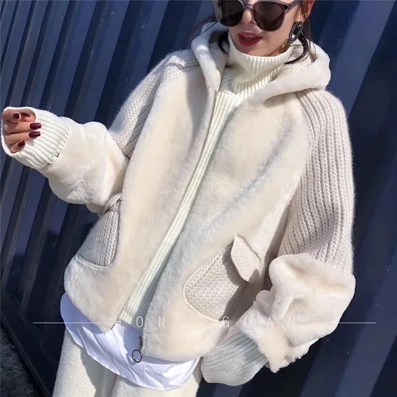 2018 New Style Real Natural Rex Rabbit Fur Coat Knitting Long Sleeve Double-faced Fur Loose Jacket Real Fur Hooded Coat Women