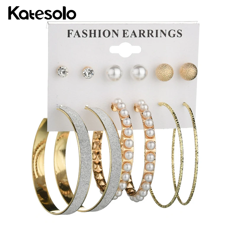 

Katesolo Stud Earrings Set Vintage Gold Silver Color Round Circle Earrings Faux Pearl Crystal Ball Scrub earring for women