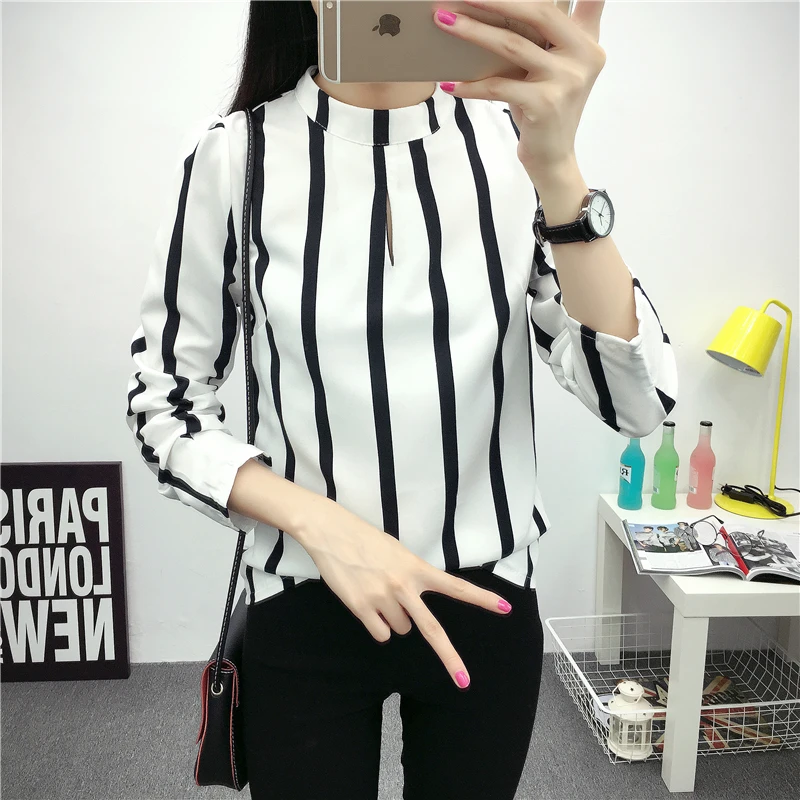 Женская блузка с длинным рукавом круглым вырезом и полосками|women blouses|blouses plusblouse