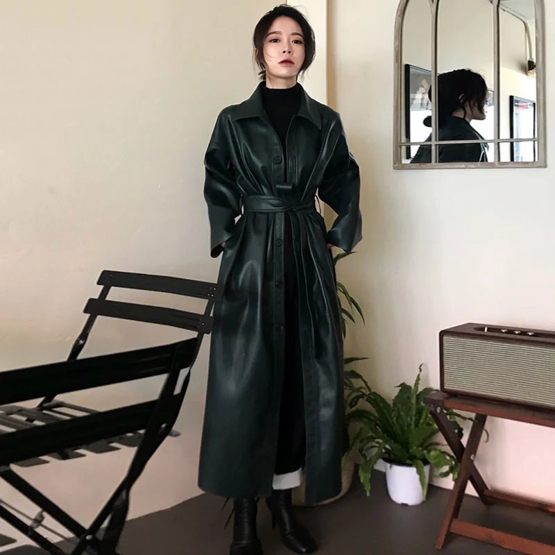 [EAM] 2020 New Spring Autumn PU Leather Lapel Long