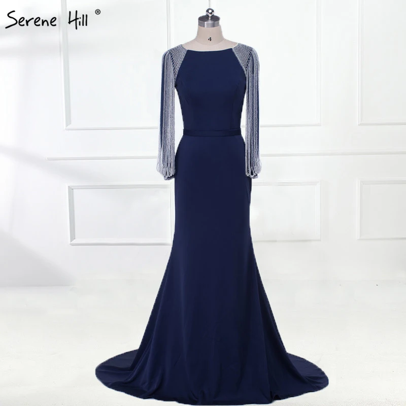 Элегантное черное платье с длинными рукавами и цепочкой, украшенное бисером, платье для выпускного вечера, атласное платье с кристаллами и бисером для выпускного вечера, LA6219