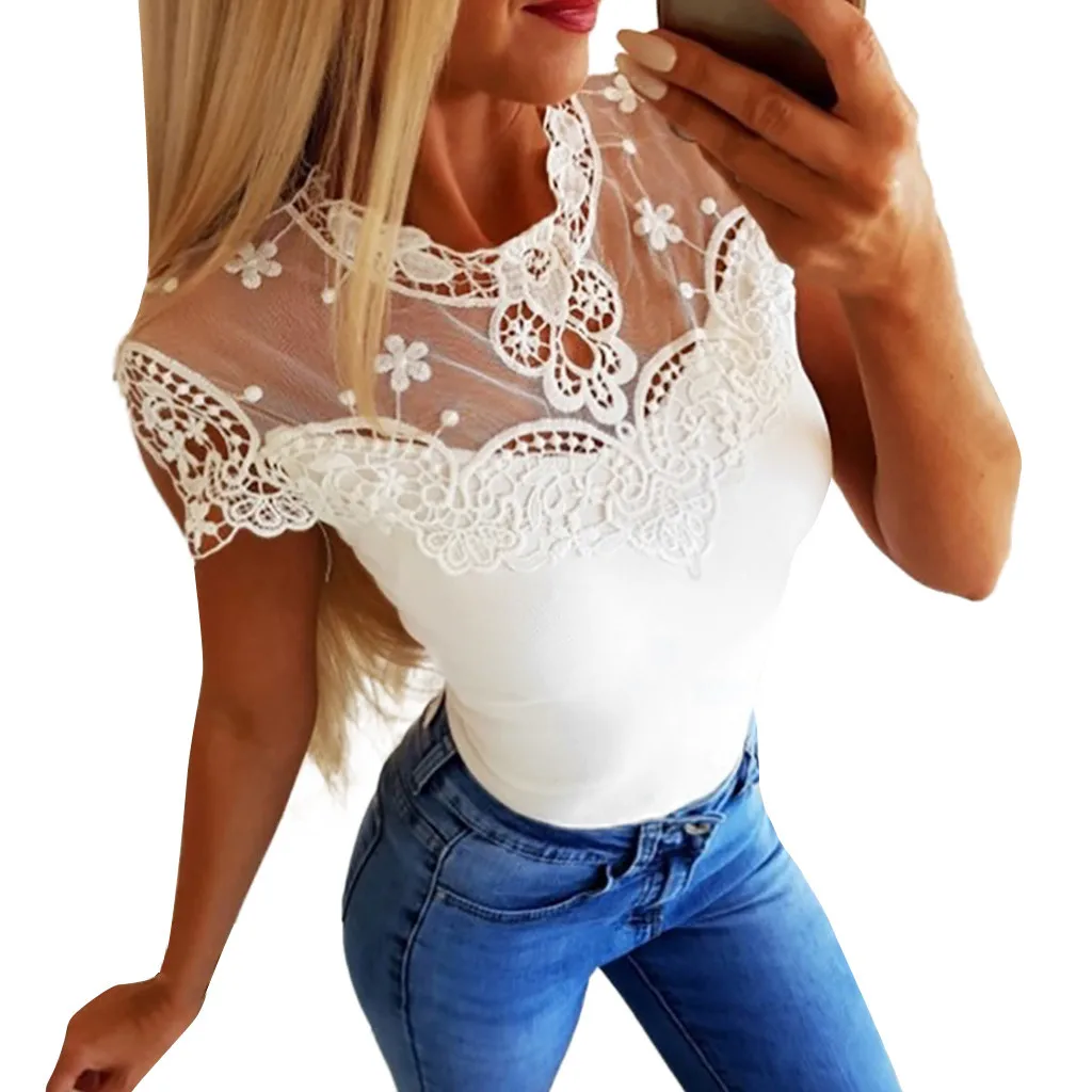 ISHOWTIENDA 2019 Женская кружевная блузка модная летняя однотонная рубашка с короткими