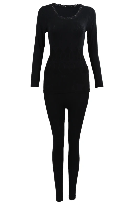 Women Round Neck Thermal Set Winter Tops&ampPants Long Johns Pajama Sets Black | Женская одежда