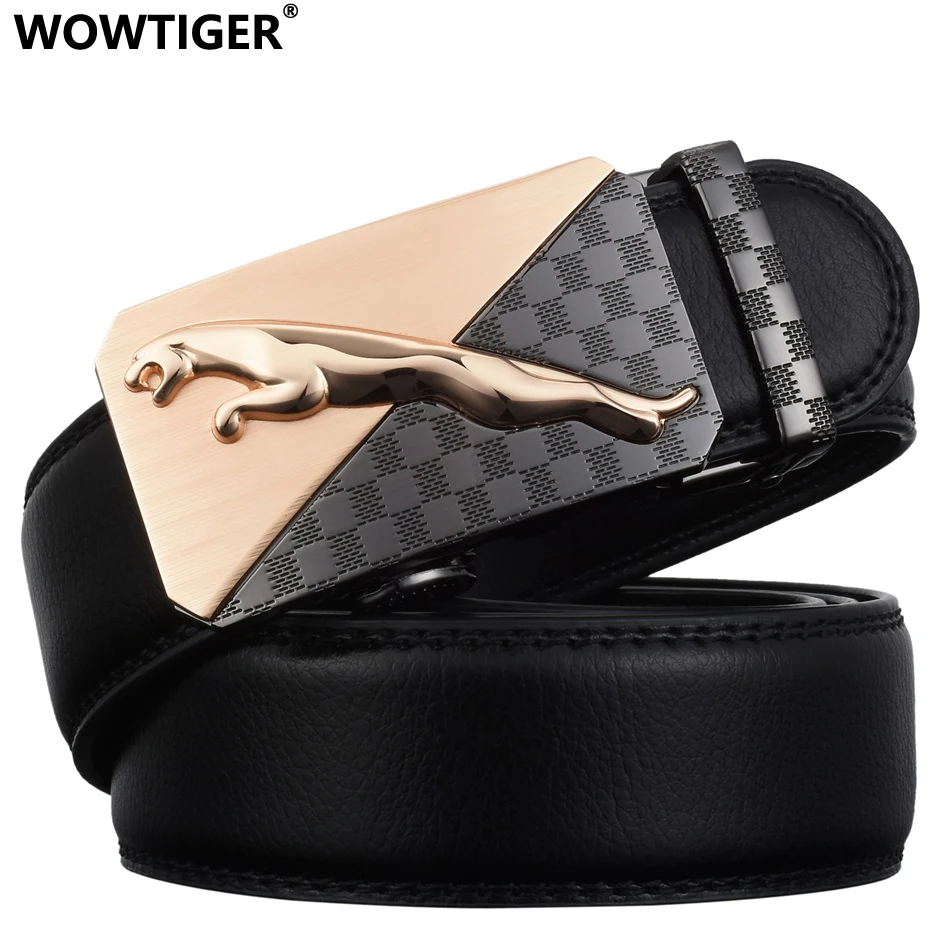 WOWTIGER Fashion Designer značka Pásky pro muže Posuvná spona Ratchet Automatická podšívka homme cinto Leather Belt