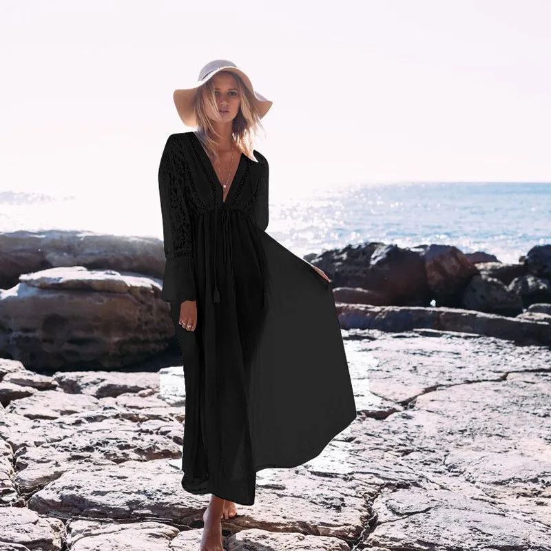 Preise [NODELAY] Frauen Spitze Häkeln Bikini Cover Up Lang Bademode Pareo Strand Tunika Kleid Weiß Sexy Robe Baumwolle Bade anzug Kaftan