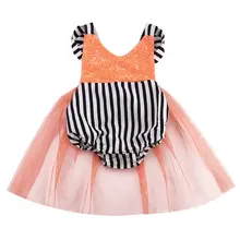 2016 Hot Sale Sequins Baby Girls Stripe Tulle Short Sleeve Bodysuit Summer Sunsuit Clothes 0-24M