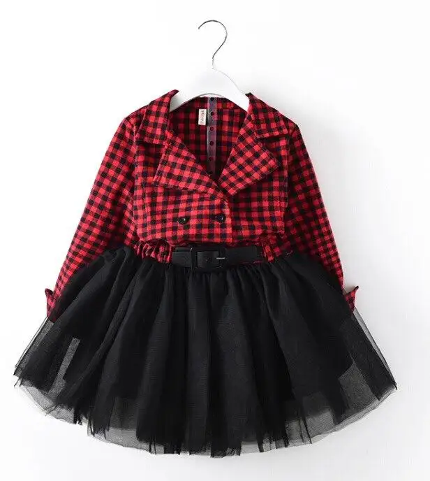 ; сезон весна-осень; платье для девочек в красно-черную клетку; хлопковое газовое платье с длинными рукавами; черный пояс; E7053
