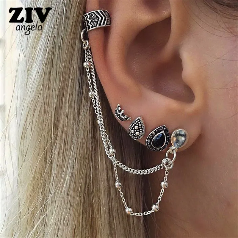 

New Bohemian Retro Wind Crown Water Drop Chain of earrings Piercing Ancient silver Fashion Earrings For Women Bijoux Jewelry