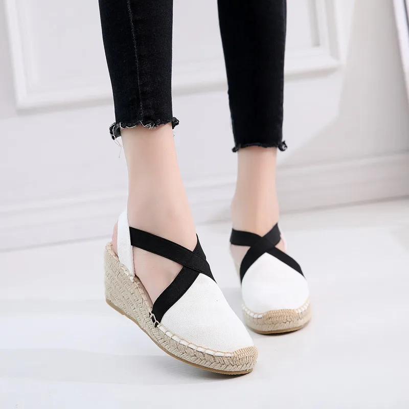 Summer Striped Platform Sandals Wedges Shoes For Women Hemp Rope Bottom Women's Espadrilles High Heels Slip On Canvas Fisherman  (6)