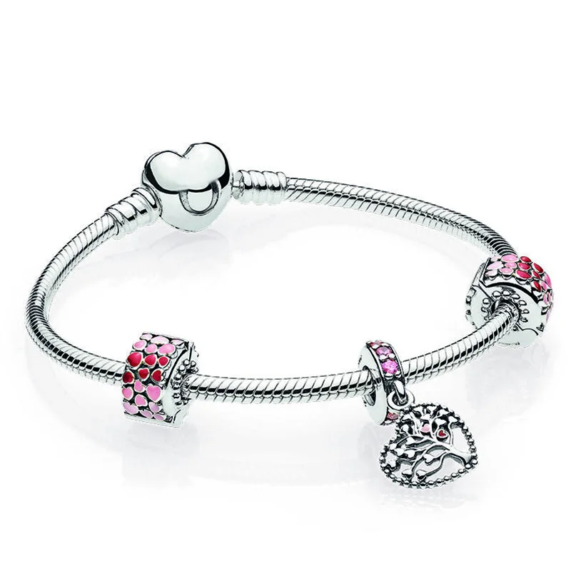 

NEW 2018 Valentine's Day Newest 100% 925 Sterling Silver Bracelet Set Heart shaped Charm Bead for Fishion Women DIY Bangle