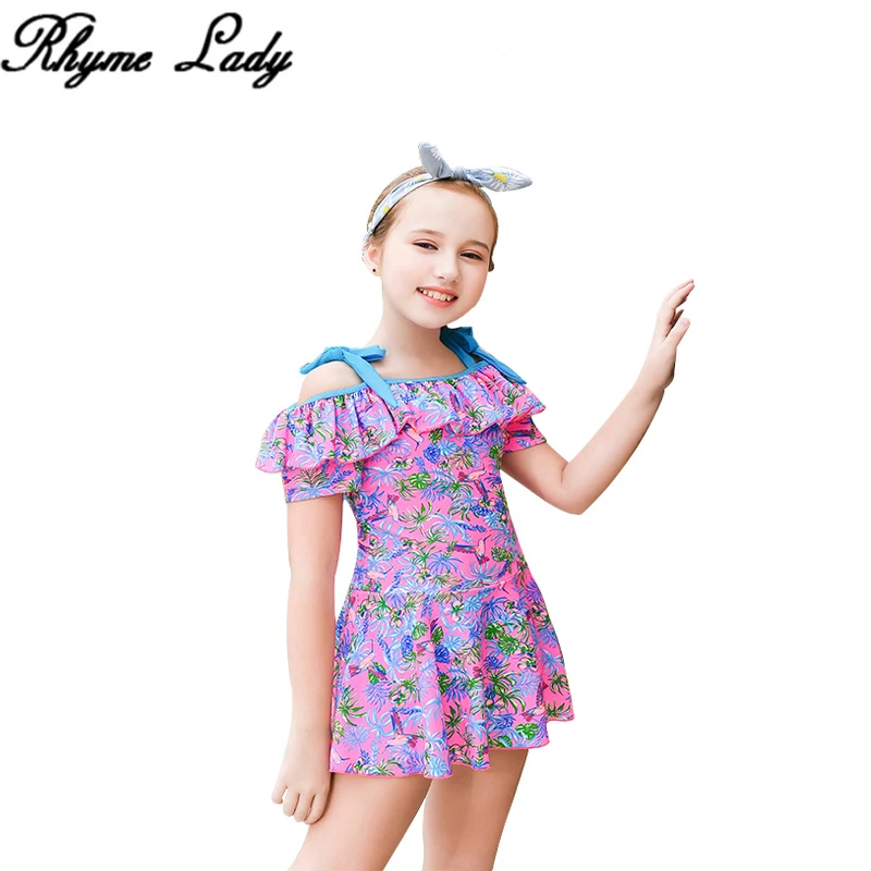 

Rhyme Lady Floral One Piece Kids Baby Girls Swimwear Polyester Swimsuit Children summer Bathing Suit Beachwear
