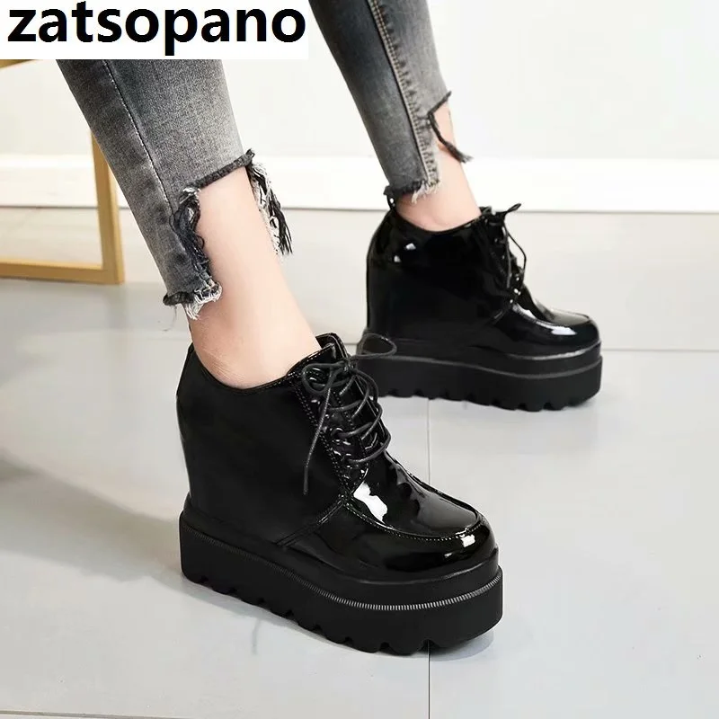 

2019 High Platform Patent Leather Casual Shoes Women Autumn Winter Wedge Ankle Boots For Women 12 CM Height Increasing Sneakers