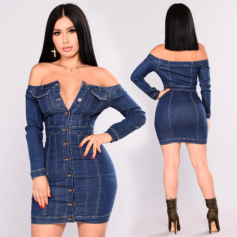 Off Shoulder denim button up dress long sleeve short denim dresses for women sexy summer Slim Mini jeans Dress female