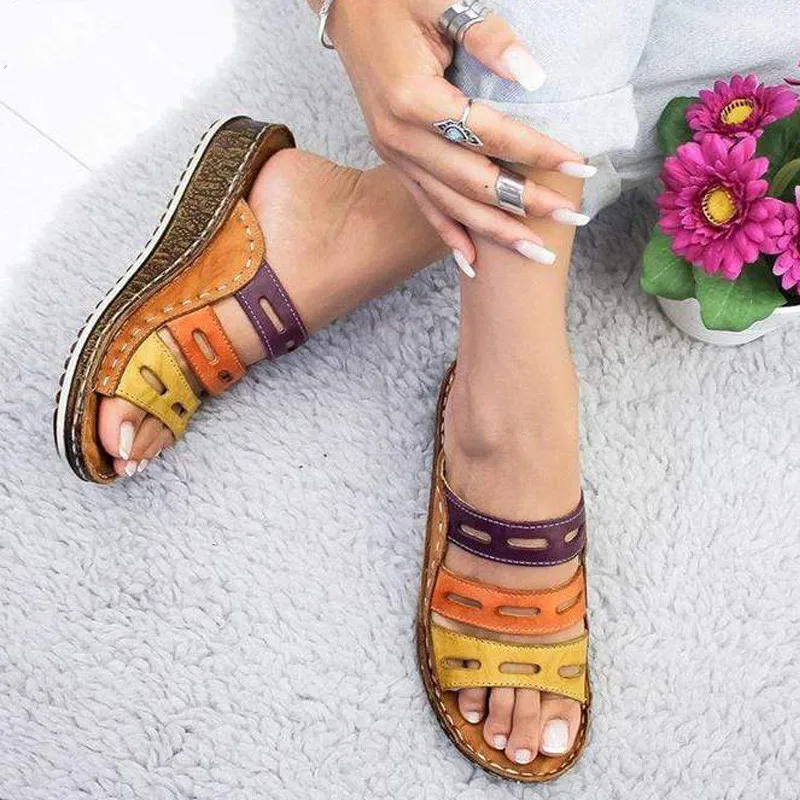 

Summer Women Lady Fashion Stitching Color Casual Low Wedge Heel Beach Open Peep Toe Platform Sandals Shoes Slip On Slippers Plus