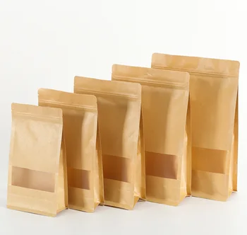 

100pcs/lot Zipper Kraft Paper Food Bags Brown Square Standup Window Packaging Gift Bags Coffee Candy Wedding Gift Ziplock Bags