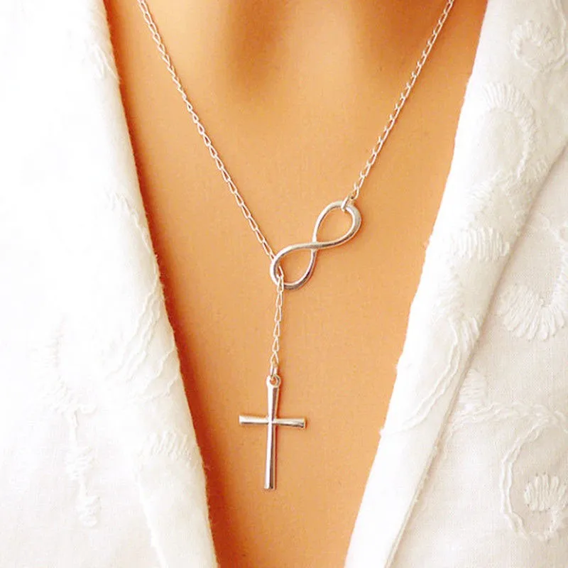 

Celebrity Fashion Silver Plated Infinity Cross Lariat Pendant Chain Necklace495
