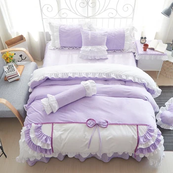 

Lovely Korean Style Princess Style 100% Cotton Duvet Cover Purple/Blue/Rose Red/Pink/Gray Lotus Leaf Edge Design Bedding Set