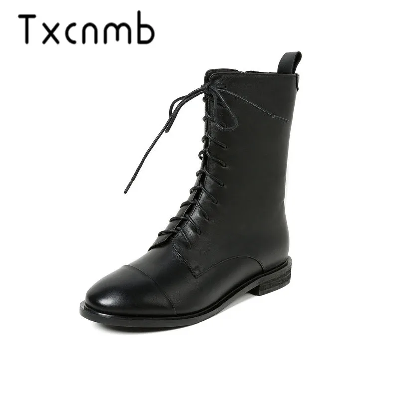 

TXCNMB Boots Women Ankle Boots Genuine Leather Autumn Winter Warm Low Heels Shoes Woman Lace-up Punk Brand Ladies