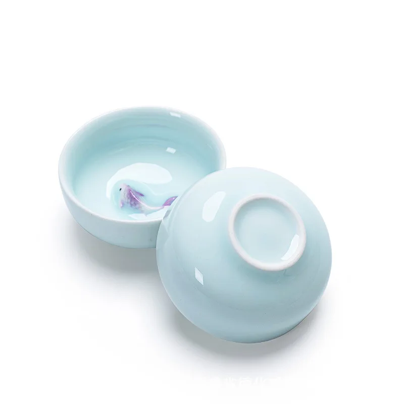 6pcs/set Celadon color goldfish tea cup,Kung Fu TeaCup Set Glaze Travel Tea Bowl Chinese Porcelain Teacup Set Tea accessories