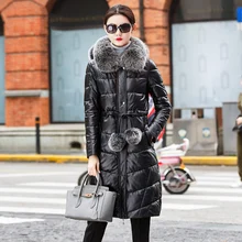 Женское пуховое пальто из овчины, длинная приталенная женская куртка из натуральной кожи с большим капюшоном из лисьего меха, черный цвет, 2xl, 3xl, 4xl