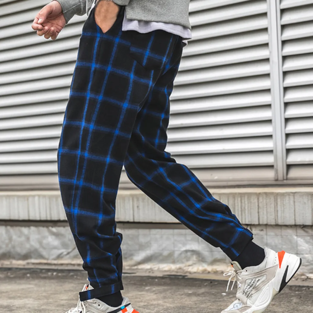 Summer Casual Harem Pants Plaid Print Pencil Pants Elastic Waist Track Pants Trousers Mens