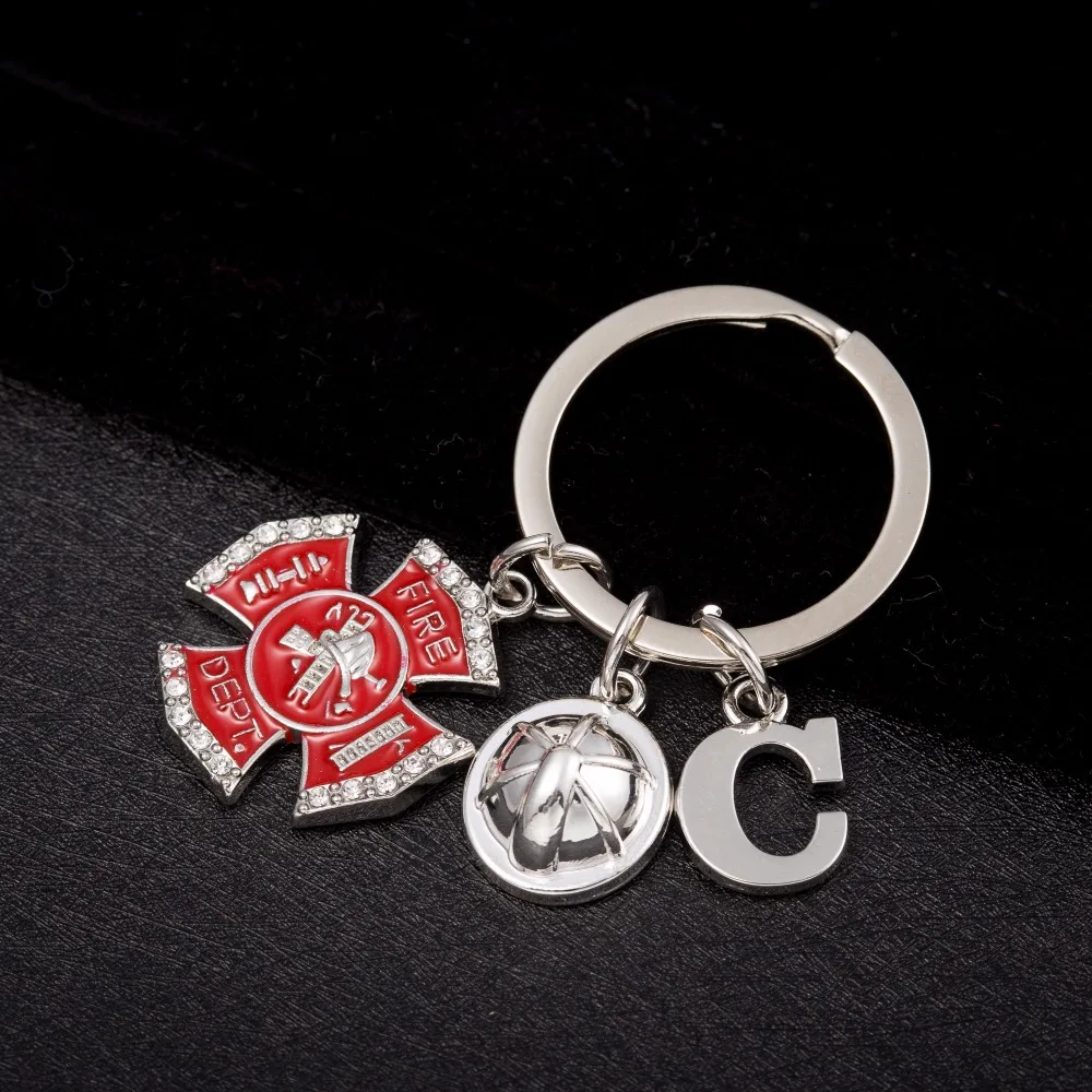 Teamer 26 Letters New Arrival Dangle Keychain Silver Letter Fire Dept Helmet Charm DIY Jewelry Best Gift for Firefighters