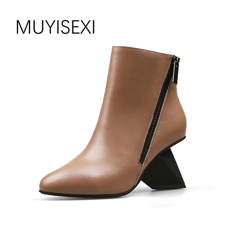 Muyisex/женские ботильоны из натуральной кожи; женские осенние ботинки на танкетке со странным каблуком и двойной молнией; женские ботинки из натуральной кожи; HL08