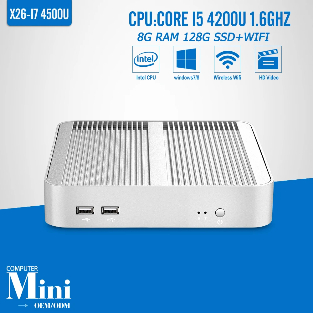  Mini Computer Fanless Core I5 4200U 4210U 4300U Broadwell 8G RAM 128G DDR3 300M WIFI Mini PC Windows10 HDMI+VGA 6*USB 