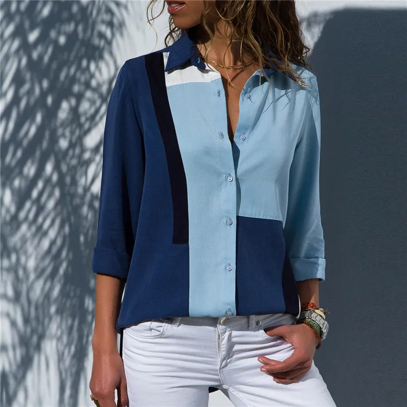 

VZFF Women Blouses 2019 Autumn And Winter Casual Long-Sleeved Color Matching Lapel Ladies Chiffon Shirt Loose Blouse
