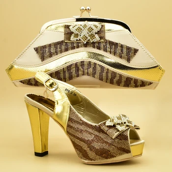 

Latest Gold Women Shoes and Bags To Match Set Italy Italian Shoes with Matching Bags Set Decorated Appliques High Heel Shoes