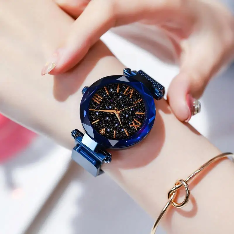 

Women Fashion Starry Sky Watch Magnetic Mesh Band Quartz Wristwatch Ladies Roman Number Clock Luxury Blue Watches Reloj Mujer