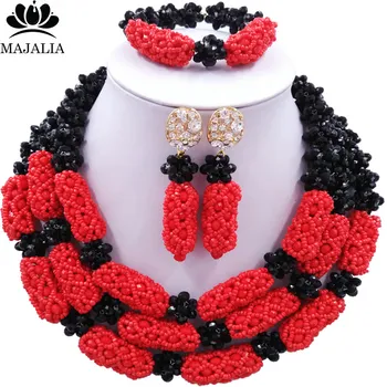 

Majalia Luxury Ladies African Jewelry Nigerian Wedding Set Black and Opaque red Crystal Necklace Bride Jewelry Sets 3WS005