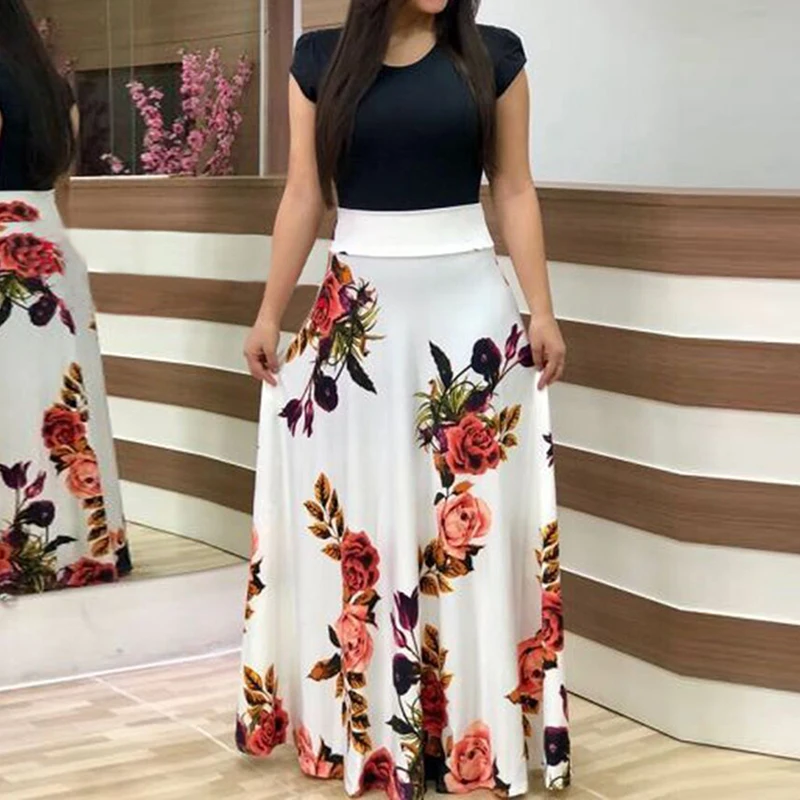 Summer Fake Two Piece Plus Size Floor-length Dress Women Short Sleeve Printing Dresses Female O-Neck Dot Long Maxi Vestidos