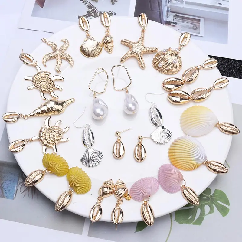 

Statement Earrings 2019 Starfish Turtle Cowrie Shell Sea Star Pendant Earrings for Women Gold Silver Metal Summer Beach Jewelry