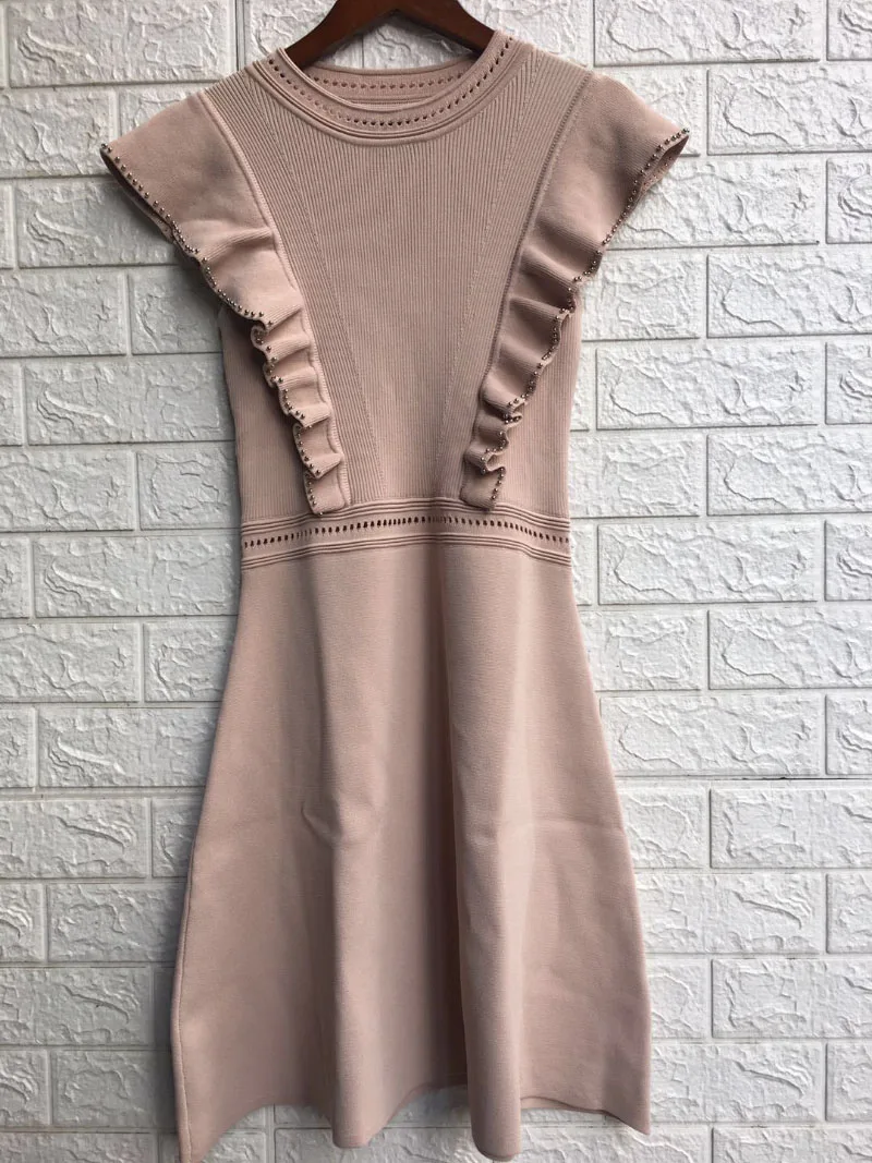 

Nude Pink RIB-KNIT DRESS TRIMMED WITH BEADS Small ruffled sleeves Pointelle details Round Neck Short Sweater dress