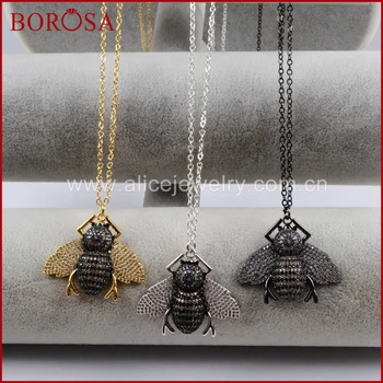 

BOROSA Handmade Micro Pave White CZ Bee Pendants Necklace,Beetles Crystal Animal Charms Necklace for Women Jewelry WX839-N