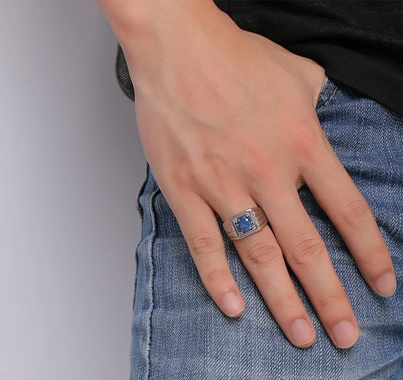 Качественное Ювелирное кольцо из титана с голубым камнем AAA+ фианитом, кольцо из нержавеющей стали, обручальное кольцо для мужчин