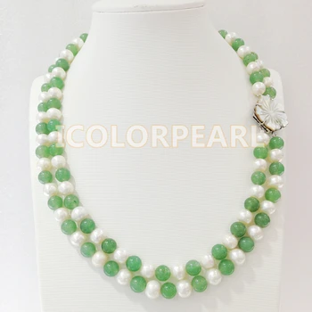 

WEICOLOR Two Strand 45-48CM 8MM Green Stone And Nearround White Natural Freshwater Pearl Necklace.