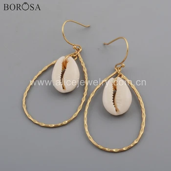 

BOROSA 5/10Pairs Gold Plating Teardrop Rectangle Frame Natural Cowrie Shell Earrings Sea Shell Drop Earring Boho Gifts G1757