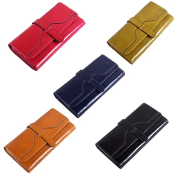 

Leather ladies wallet oil wax leather long wallet large capacity handbag solid color wallet tri-fold square wallet Dropship Y430