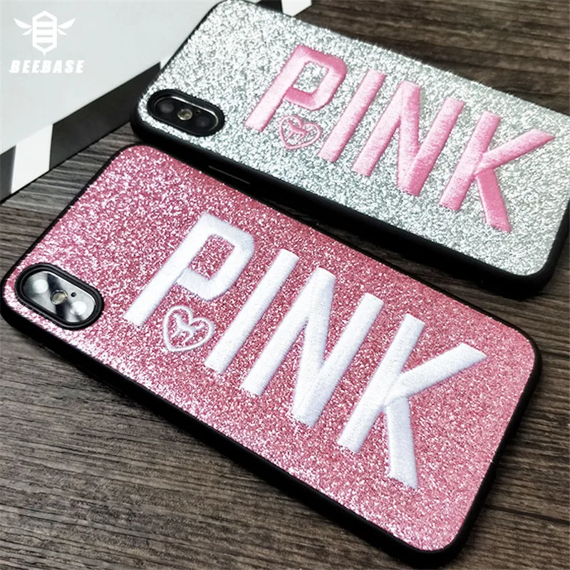 

BEEBASE Blinking PINK Soft Phone Case For iphone 7 8 6 6s Plus coque cover embroidery glitter phone case For iphone X 7plus 8plu