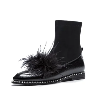

2018 new women's shoes fall and winter full leather socks boots fashion peacock hair decoration comfortable women's boots
