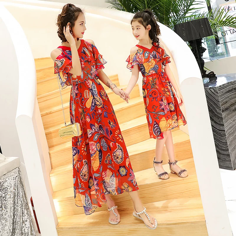 

Matching Dress Mother Daughter Clothing Summer A Line Long Dress 2019 Slim Long Dress Mom Daughter Chiffon Dress Happy Family