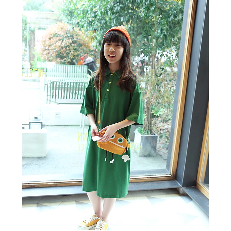 Green T-shirt Dress Girls NNGZ Summer Korean Casual Solid Short Sleeve Midcalf Turndown Collar Girl T-Shirt | Детская одежда и