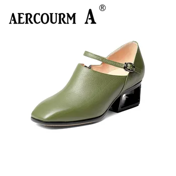

Aercourm A 2017 autumn new women Genuine Leather Shoes Women High Heels Ladies Pumps plus Size 34-43 Buckle Lady Shoes H911