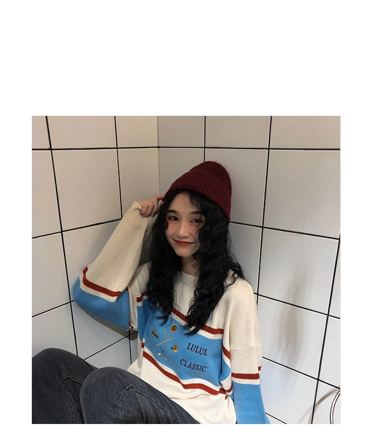 Woherb женский корейский Harajuku полосатый свитер женский пуловер Kawaii Ulzzang вышивка джемпер одежда для женщин 22873