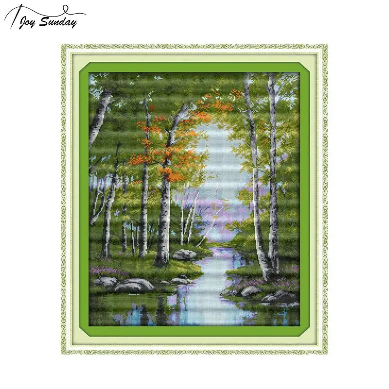 

Joy Sunday The Stream Autumn Landscape Painting Cross Stitch Kits 14ct 11ct DMC Embroidery Kit Printed on Canvas DIY Needlework