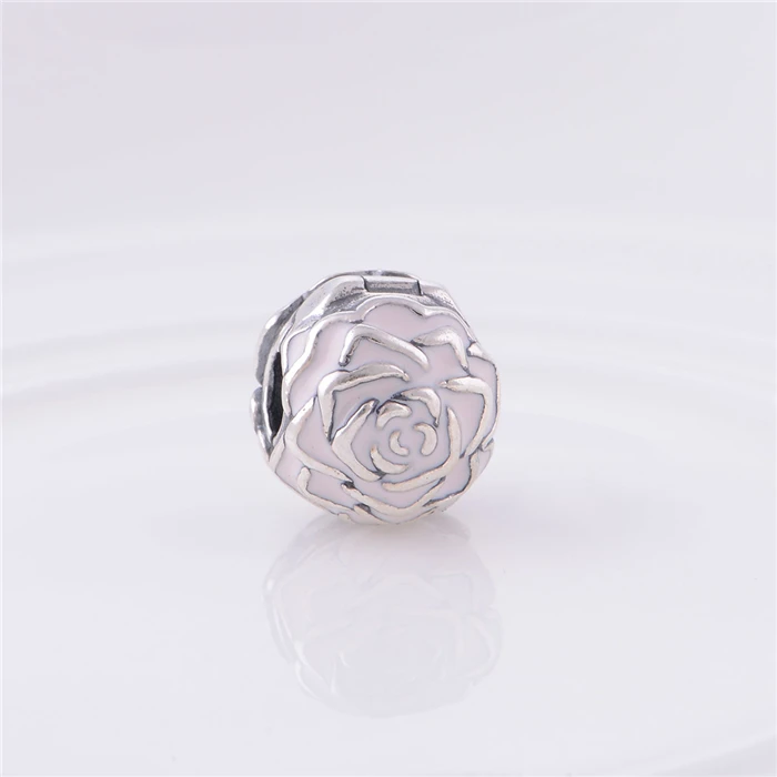 

925 Sterling Silver Pink Rose Enamel Flower Lock Clip Beads For Jewelry Making Women Charm Bracelets&Bangles DIY Accessories