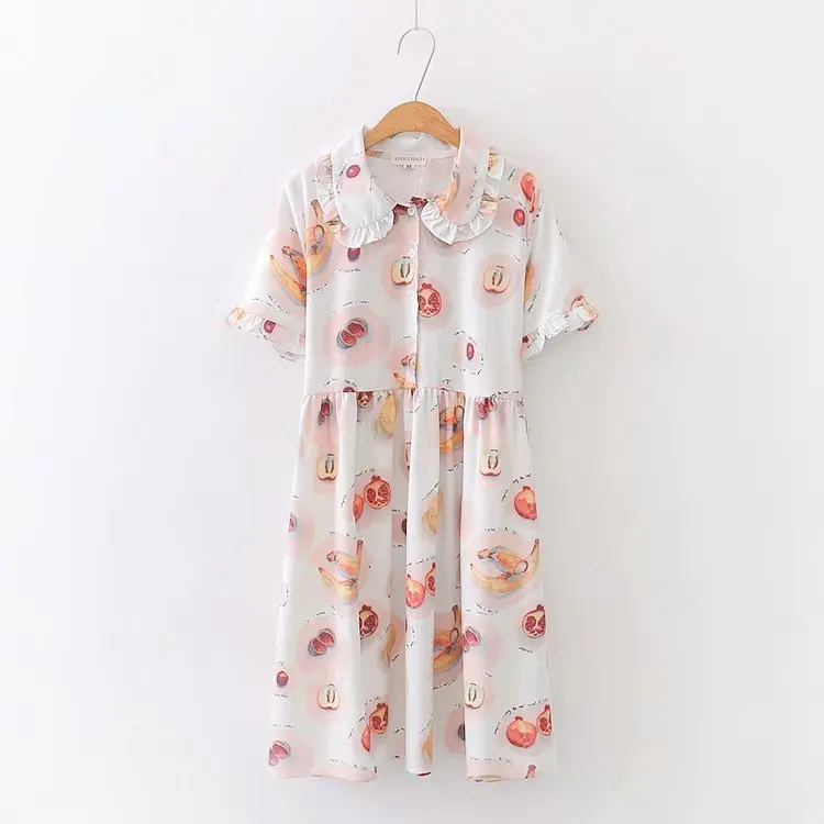 

Pomegranate Avocado Print Short-sleeved peter pan Collar Chiffon Dress