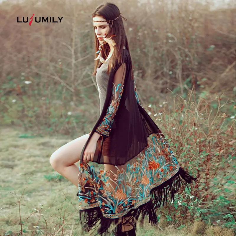 

Lusumily Bohemian Style 2019 Summer Kimono Cardigan Casual Boho Hippie Embroidery Tassel Ladies Shirts Women Tops Blouses